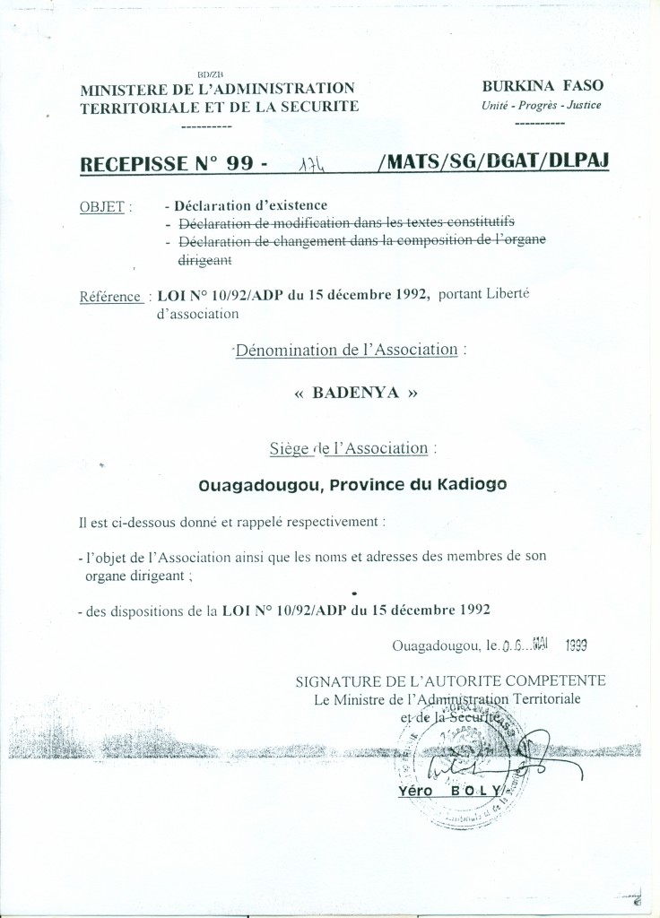 RÉCÉPISSÉ DE DÉCLARATION AUX AUTORITÉS BURKINABÈ